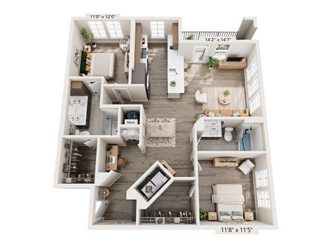 A floor plan of a two-bedroom apartment with a living room, kitchen, and bathroom.